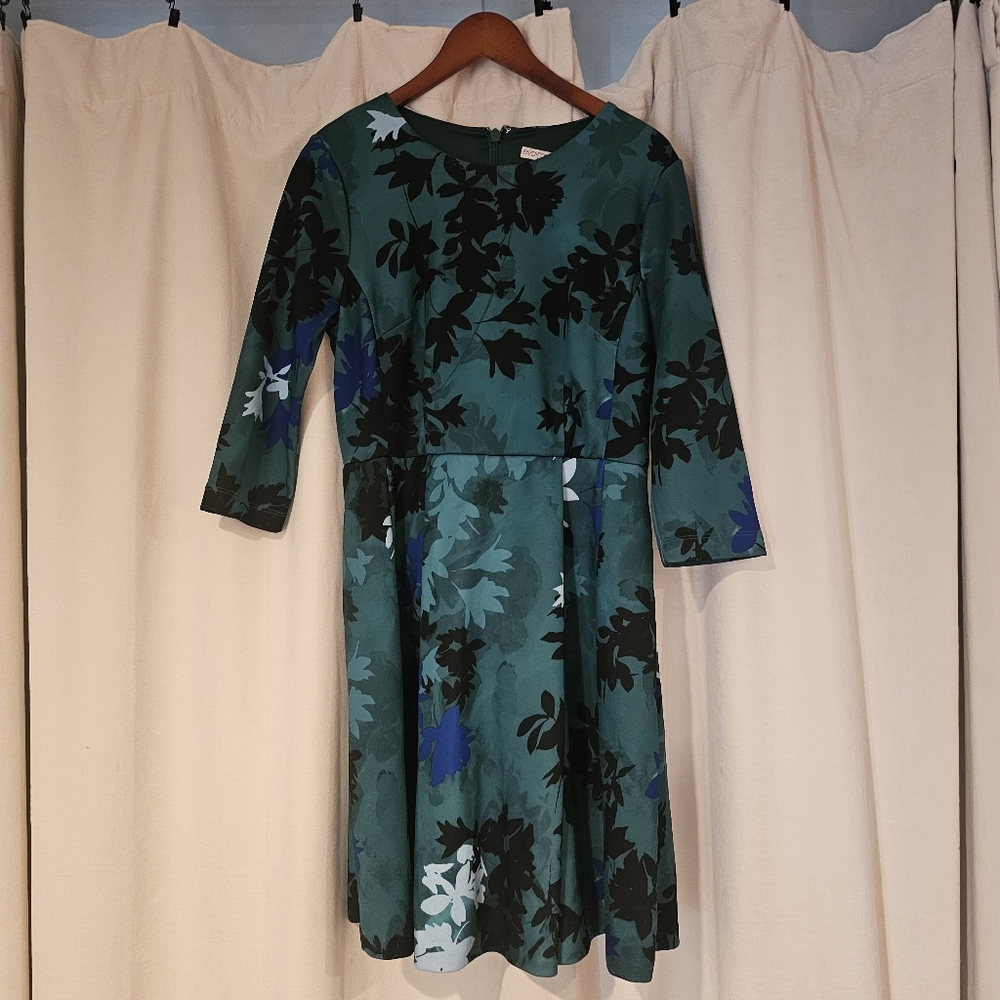 New York & Company Teal and Black Leaf Print Dress